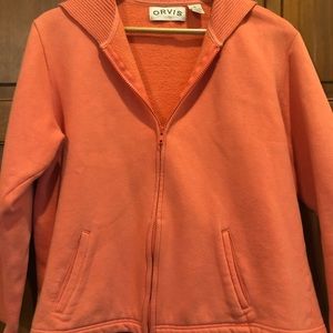 Orvis womens fleece sweater, size M.  Orange. Shawl collard, slit pockets